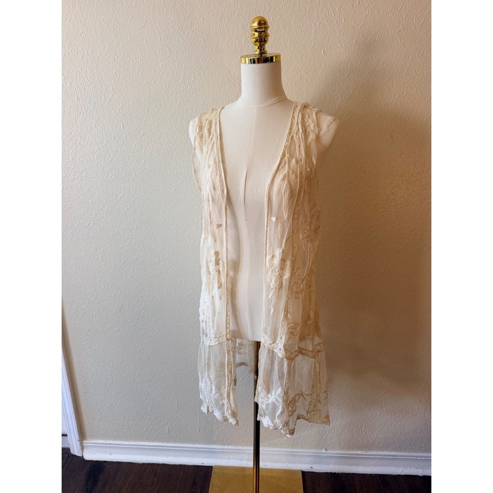 Open Front Lace Long Vest Cream Size Large Whimsigoth Country Boho